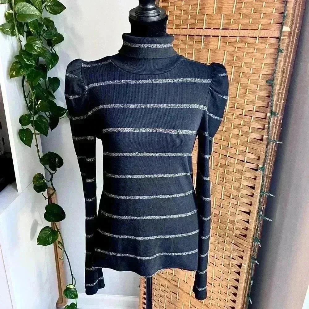 Veronica Beard Black and Gray Striped Turtleneck Sweater